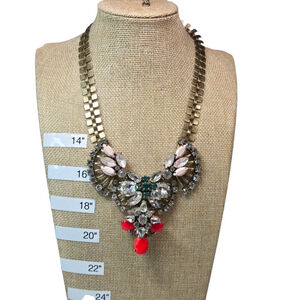 J.Crew Necklace Crystal Fan Gold Tone Statement Piece Pink Red Green Gems Fun
